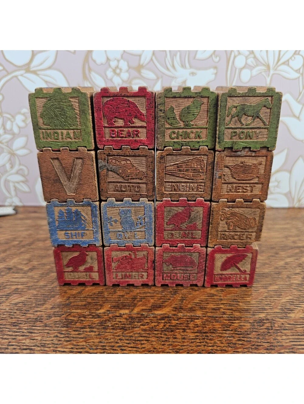 Vintage Interlocking Wooden Alphabet Blocks Lot 16 ABC Picture Toy Raised Stripe